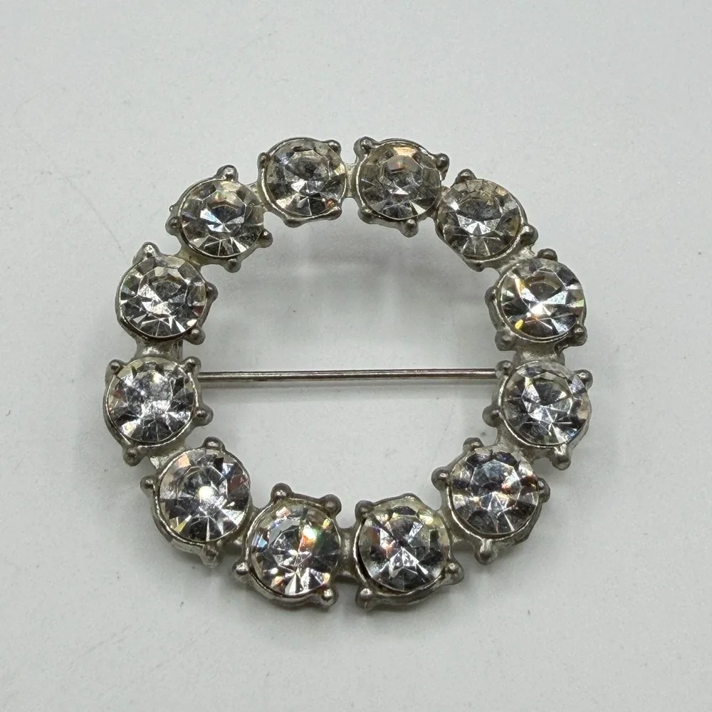 Clear Rhinestone Silver Tone Round Wreath Brooch Pin Bridal Statement Glam Gift